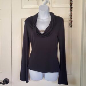 Black Cowl Neck Blouse Embellished Pullover Long Sleeves Fitted Y2K Classic Med